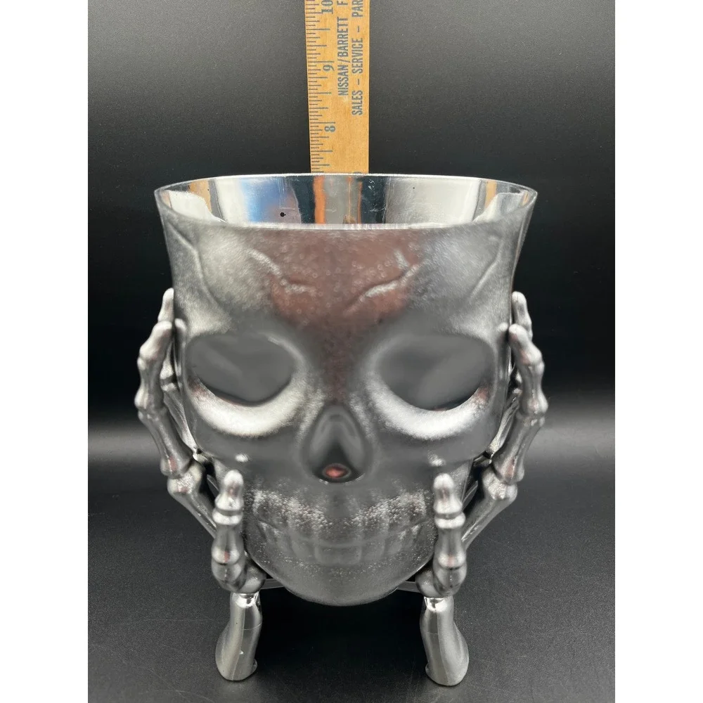 Silver Skull Bowl Skeleton Hands Decorative Halloween Goth Centerpiece 7